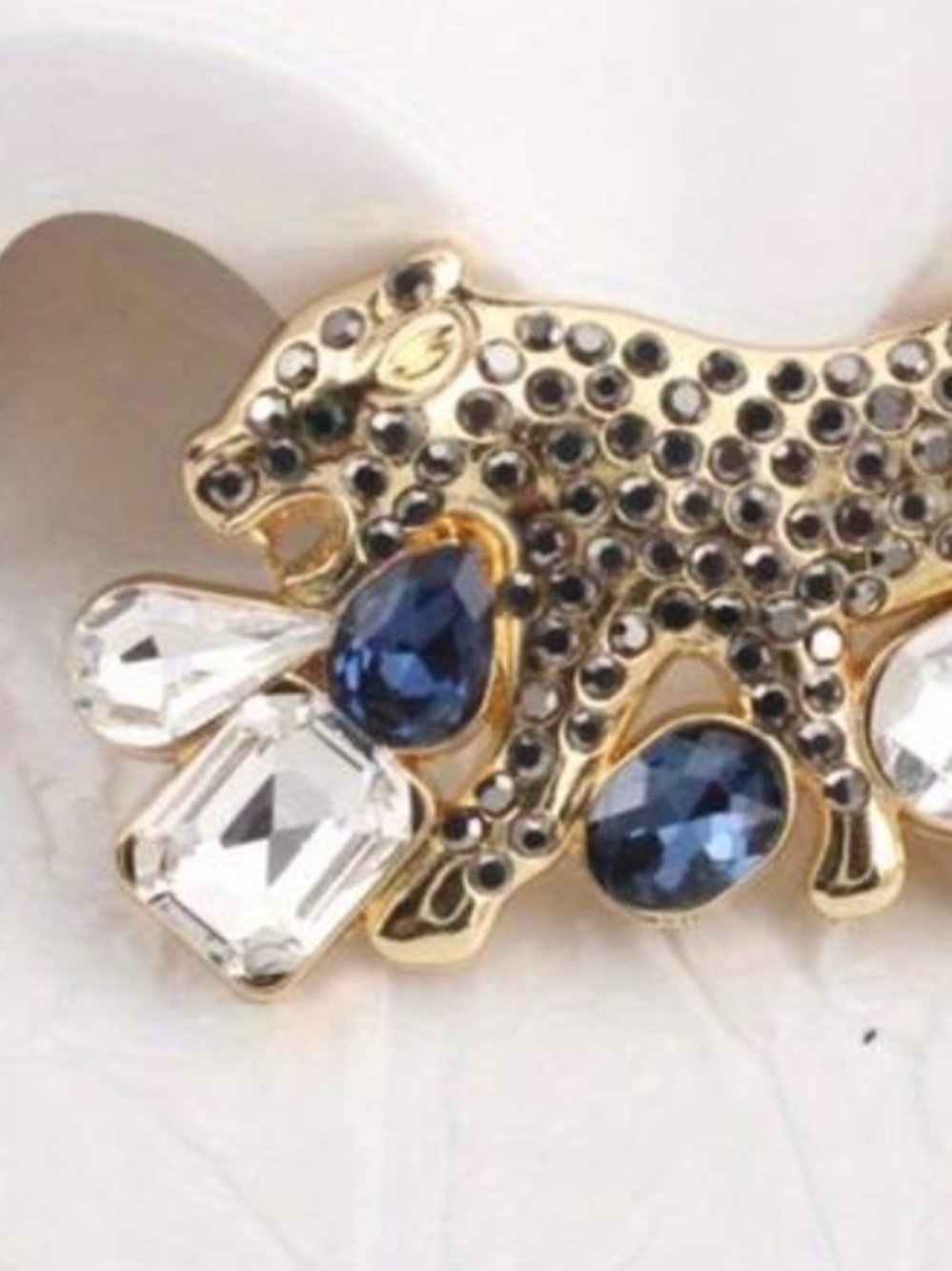Gold Leopard Brooch with Blue and Clear Crystals - Picture 4 of 7